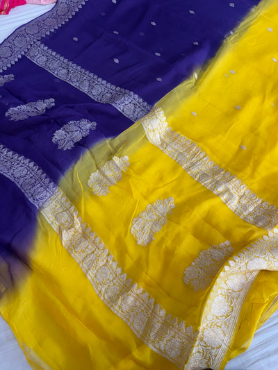 Pure khaddi chiffon saree yellow with half purple colour