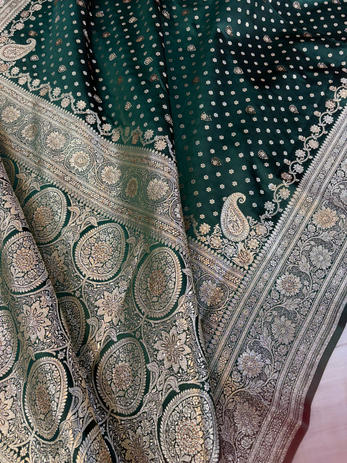 Bridal Banarasi satin Katan silk sarees in bottle geen colour with all over Swarovski work