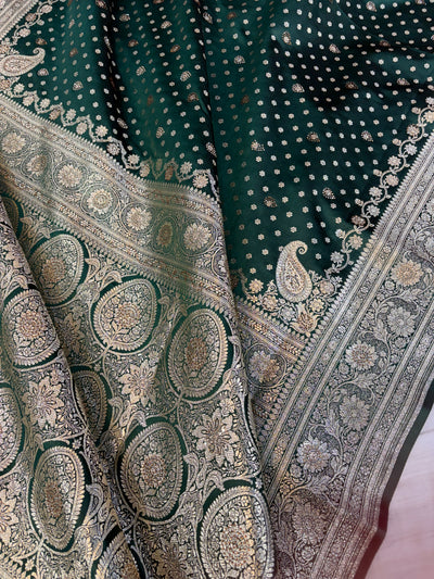 Bridal Banarasi satin Katan silk sarees in bottle geen colour with all over Swarovski work