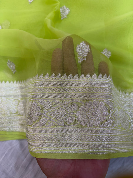 Pure khaddi chiffon saree in neon green colour