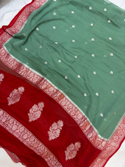 Beautiful Pure khaddi chiffon saree in beautiful contrast colour