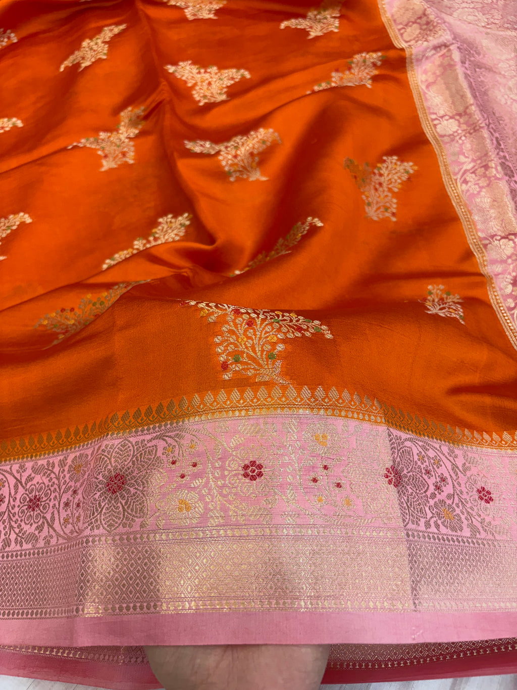 Pure raw mango saree in orange with peach colour combination