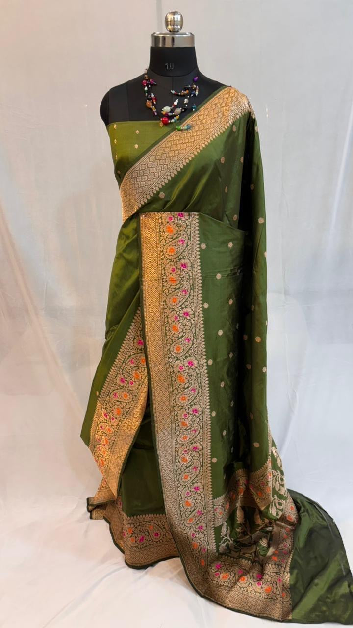 Pure meenakari Katan silk saree in mehandi green colour