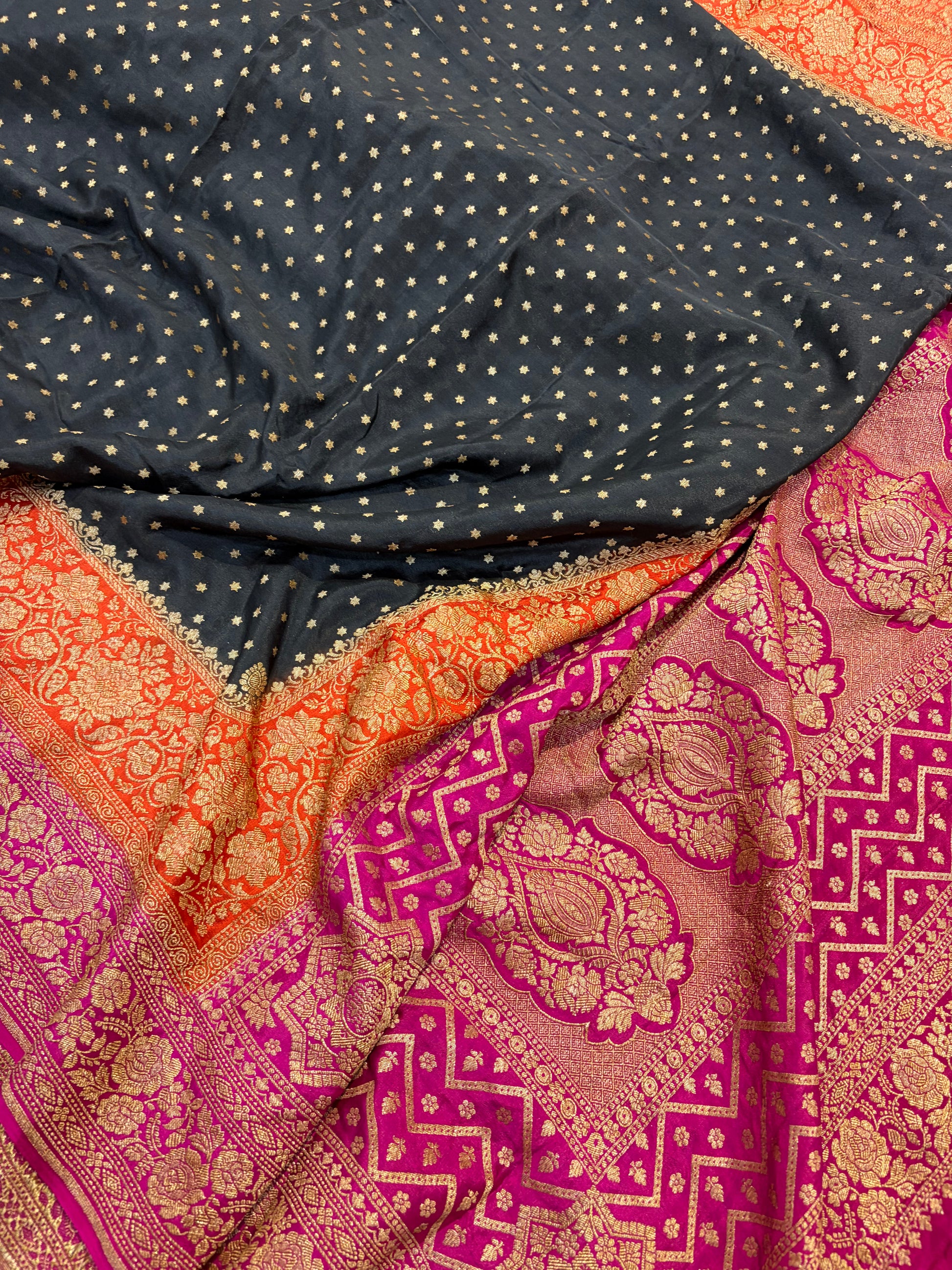 Pure khaddi crepe silk saree with 3D border in black orange & rani pink colour combination