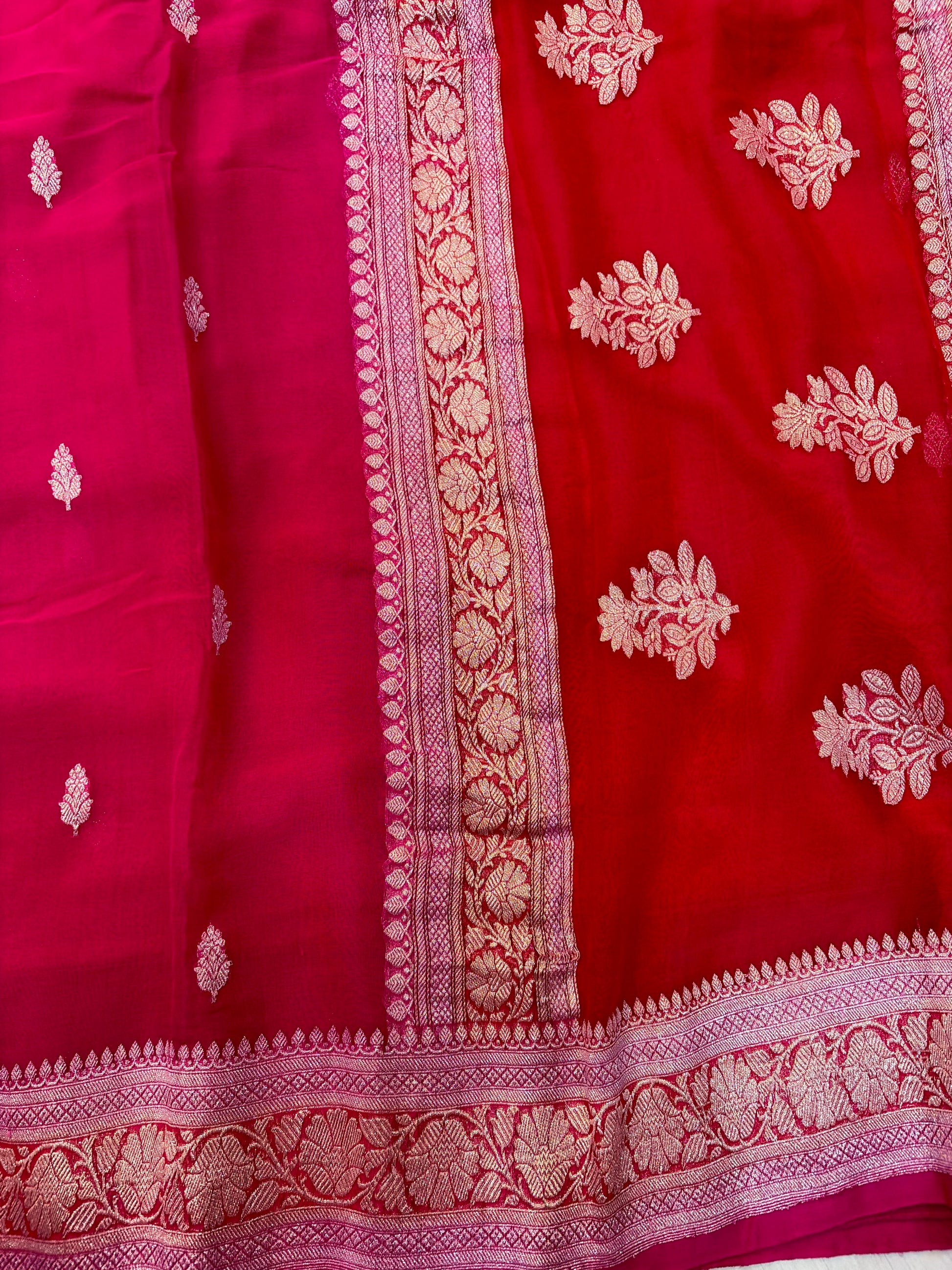 Pure khaddi chiffon saree in 3D Rani pink colour