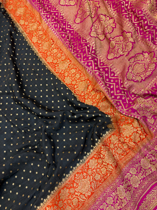 Pure khaddi crepe silk saree with 3D border in black orange & rani pink colour combination