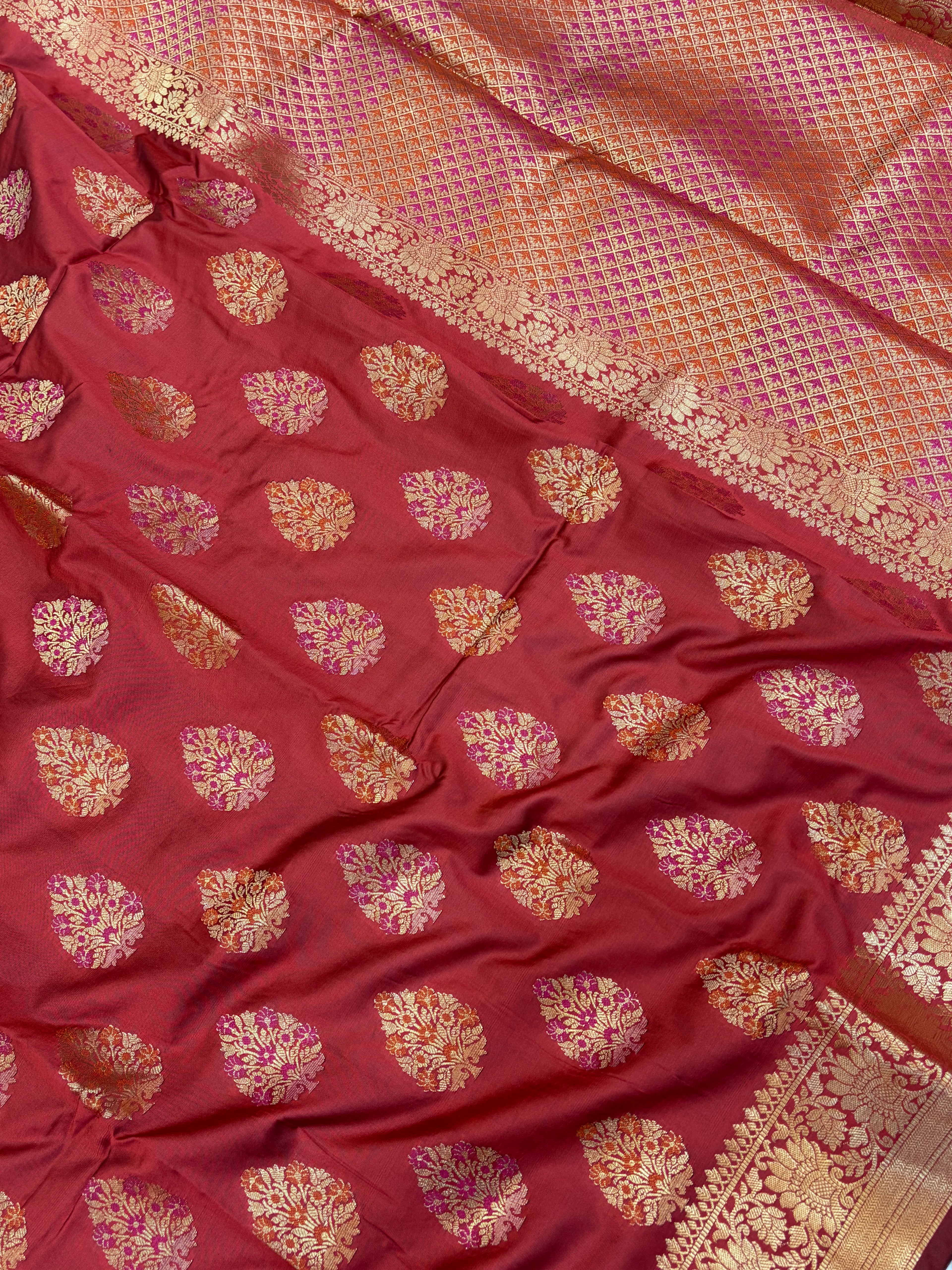 Banarasi katan by katan silk saree in cherry Red colour with multiple meenakari work