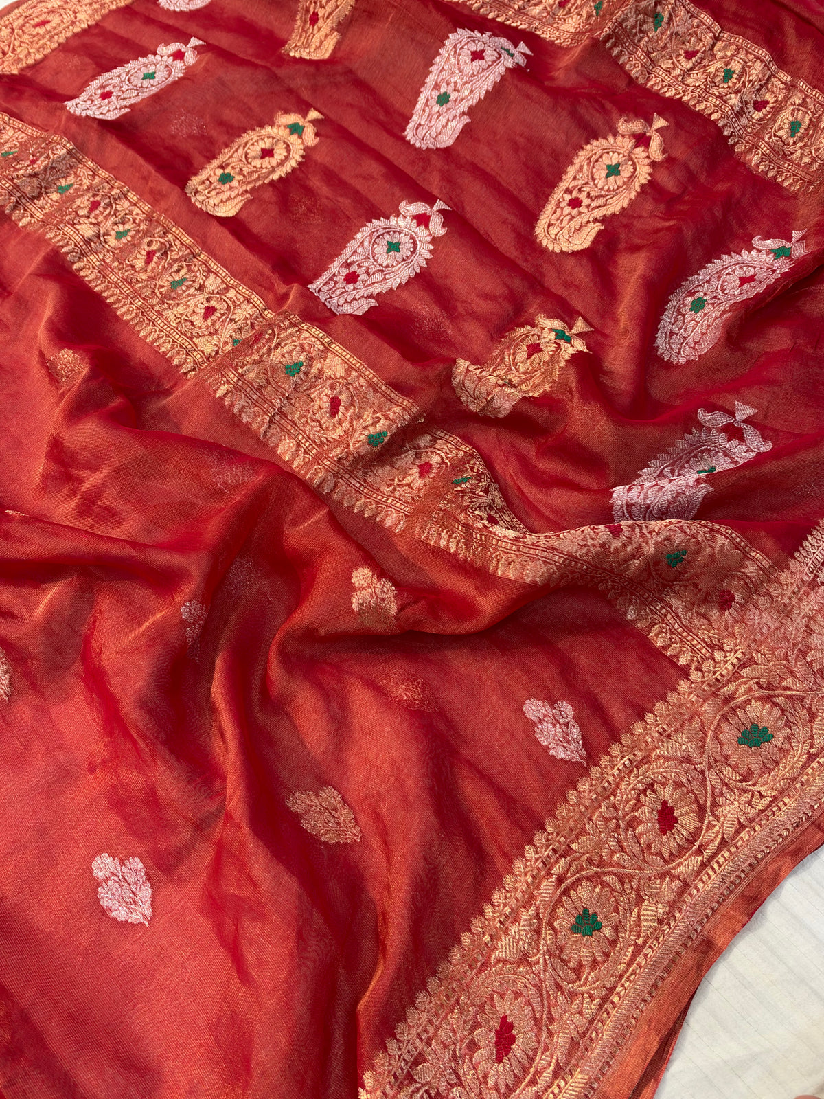 PURE KHADDI TISSUE SILK SAREE IN RED COLOUR (
