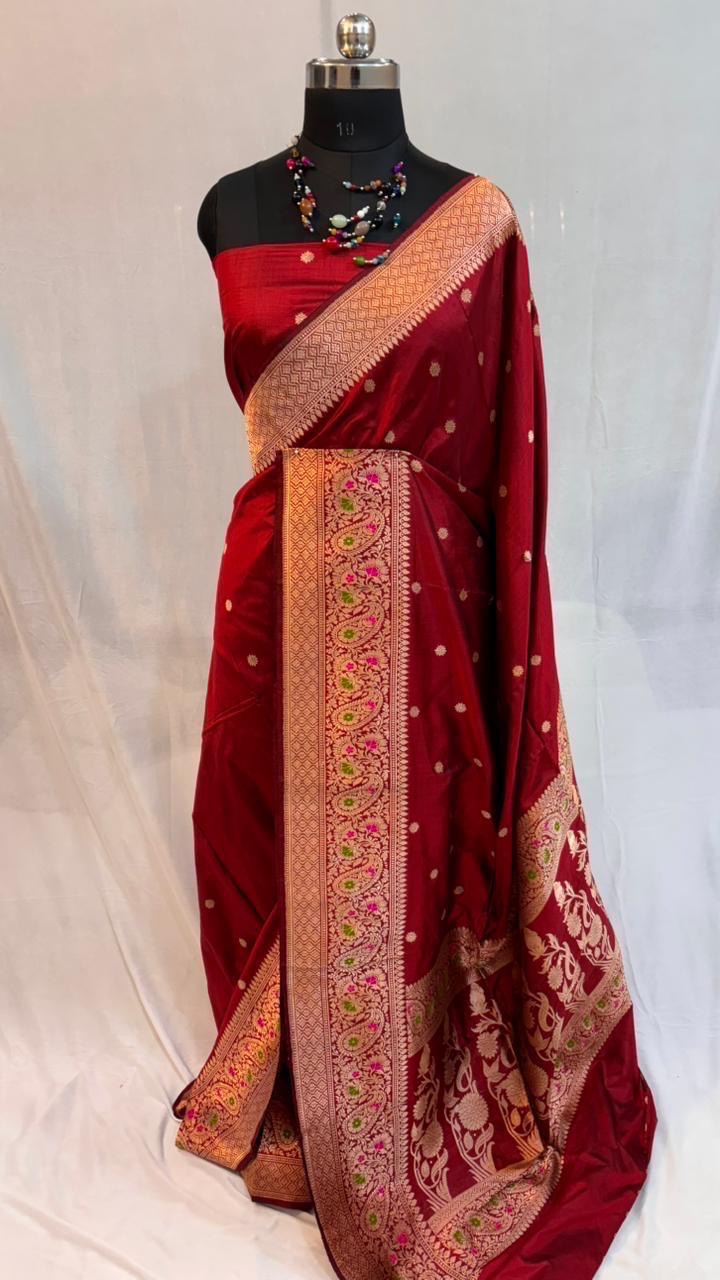 Pure meenakari katan silk saree in maroon red colour