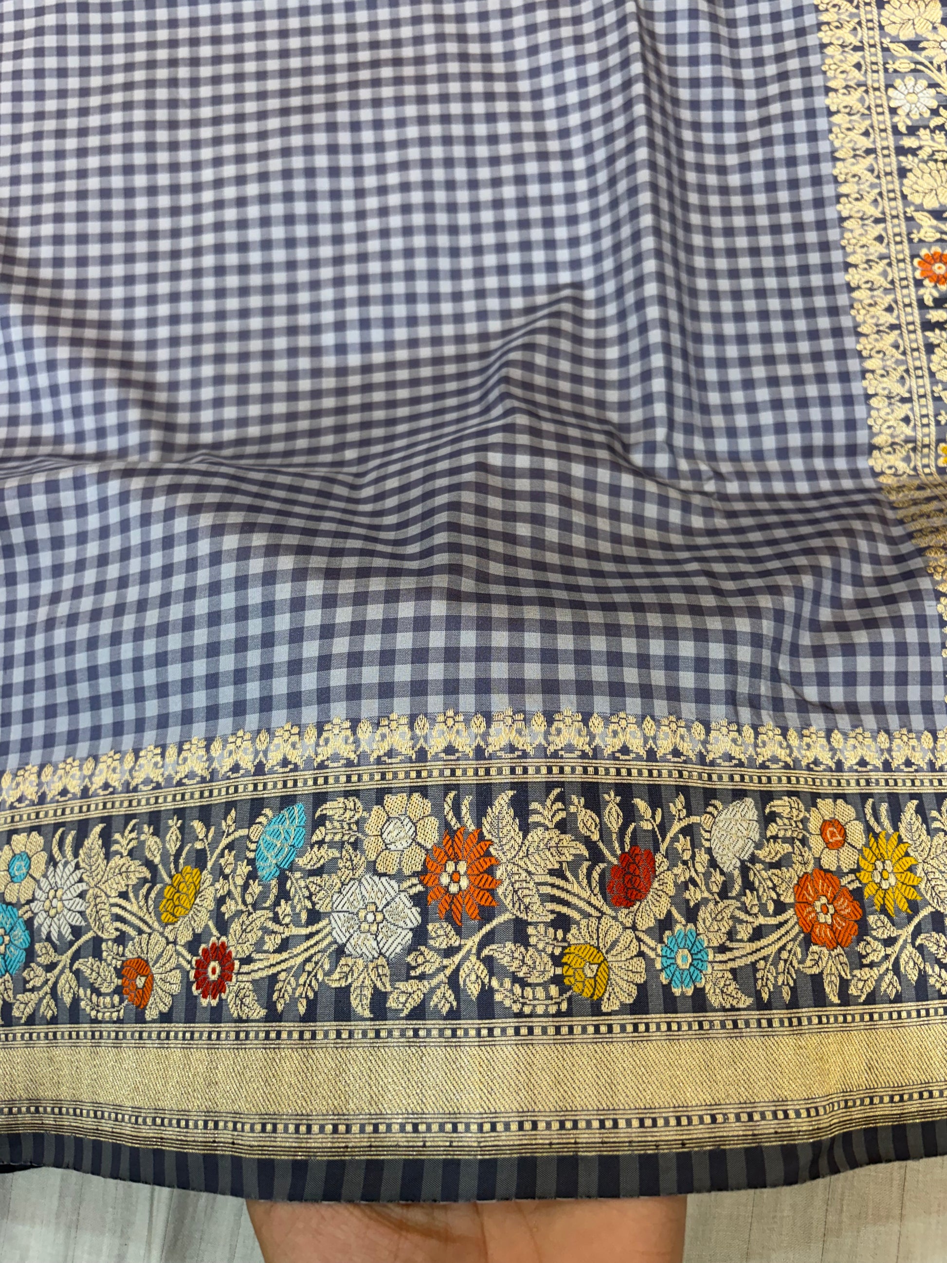 Pure handloom katan silk sareee in check pattern with side border Meena work
