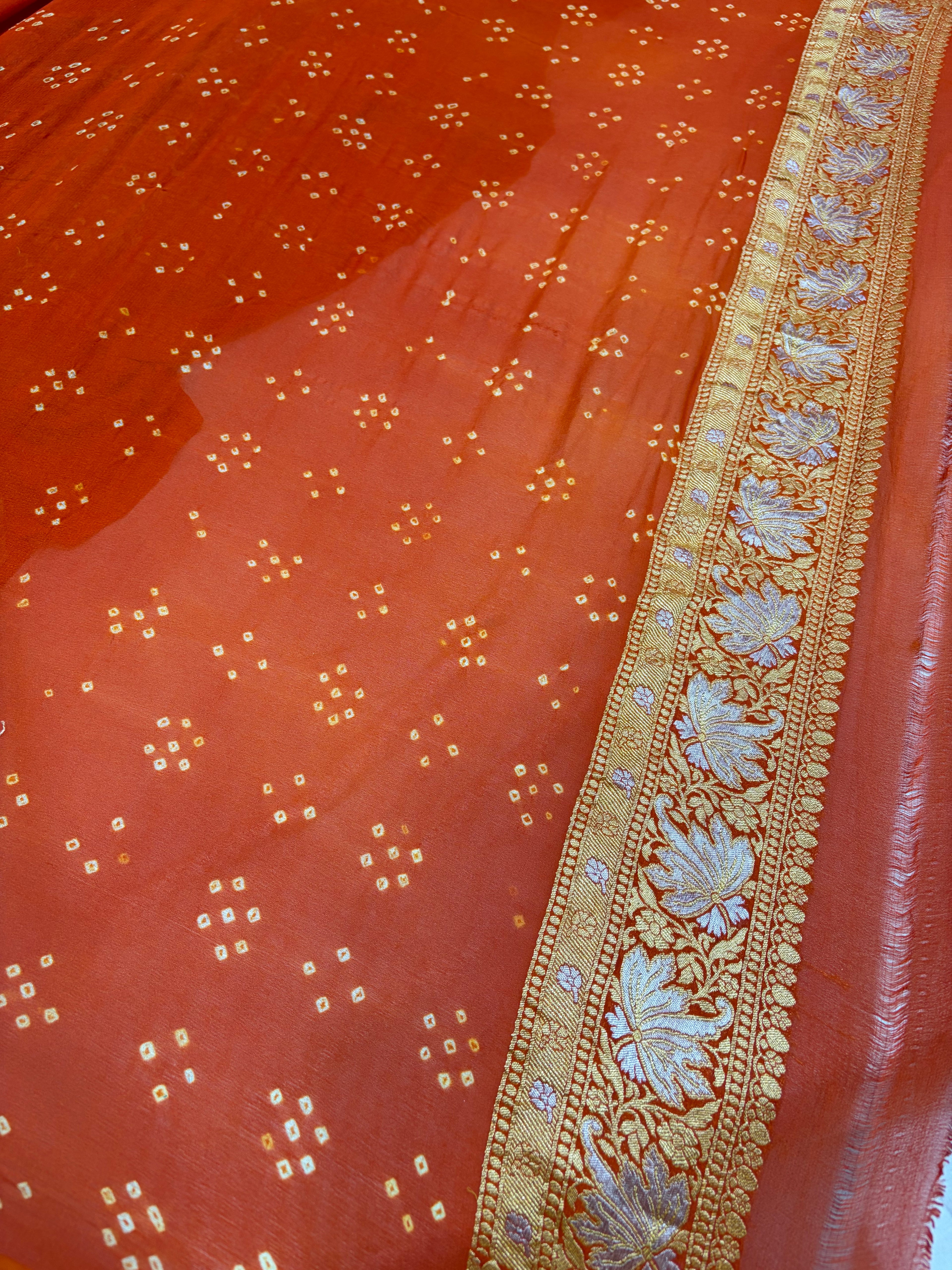 Pure georgette bandhani saree in rust orange