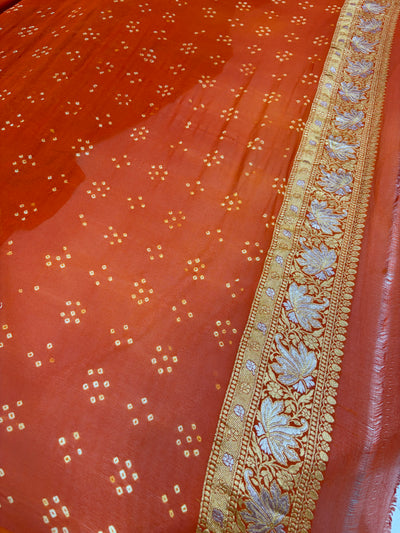 Pure georgette bandhani saree in rust orange
