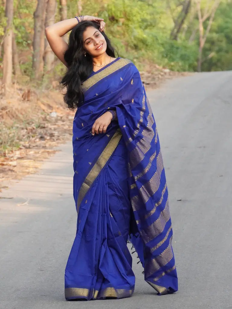 New Royal Blue Kalyani Cotton Silk Saree | Full Zari Butta | Self Zari Border & Pallu