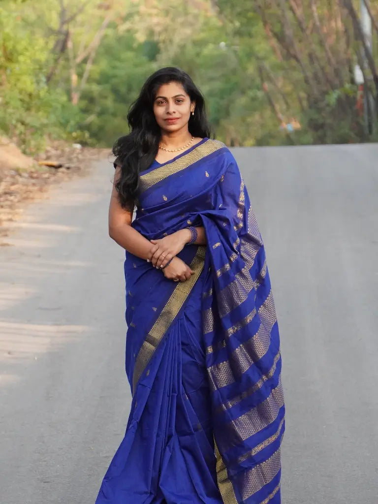 New Royal Blue Kalyani Cotton Silk Saree | Full Zari Butta | Self Zari Border & Pallu