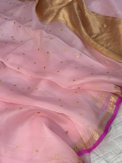 Pure handloom organza silk saree In Baby pink colour with Ranj piping border