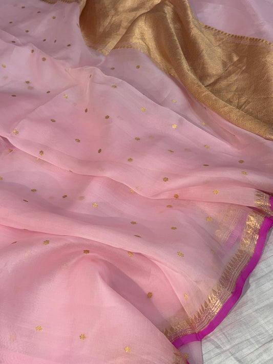 Pure handloom organza silk saree In Baby pink colour with Ranj piping border