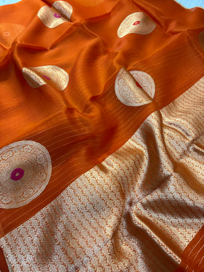 Pure handloom organza silk saree in Rust orange colour