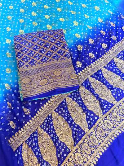 Pure georgette bandhani suit in Firozi with royal blue colour