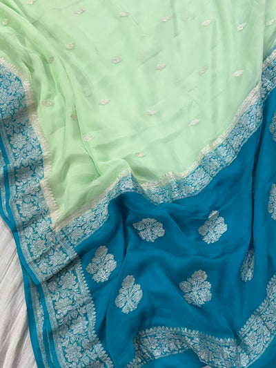 Pure khaddi chiffon saree in dark light sea green colour