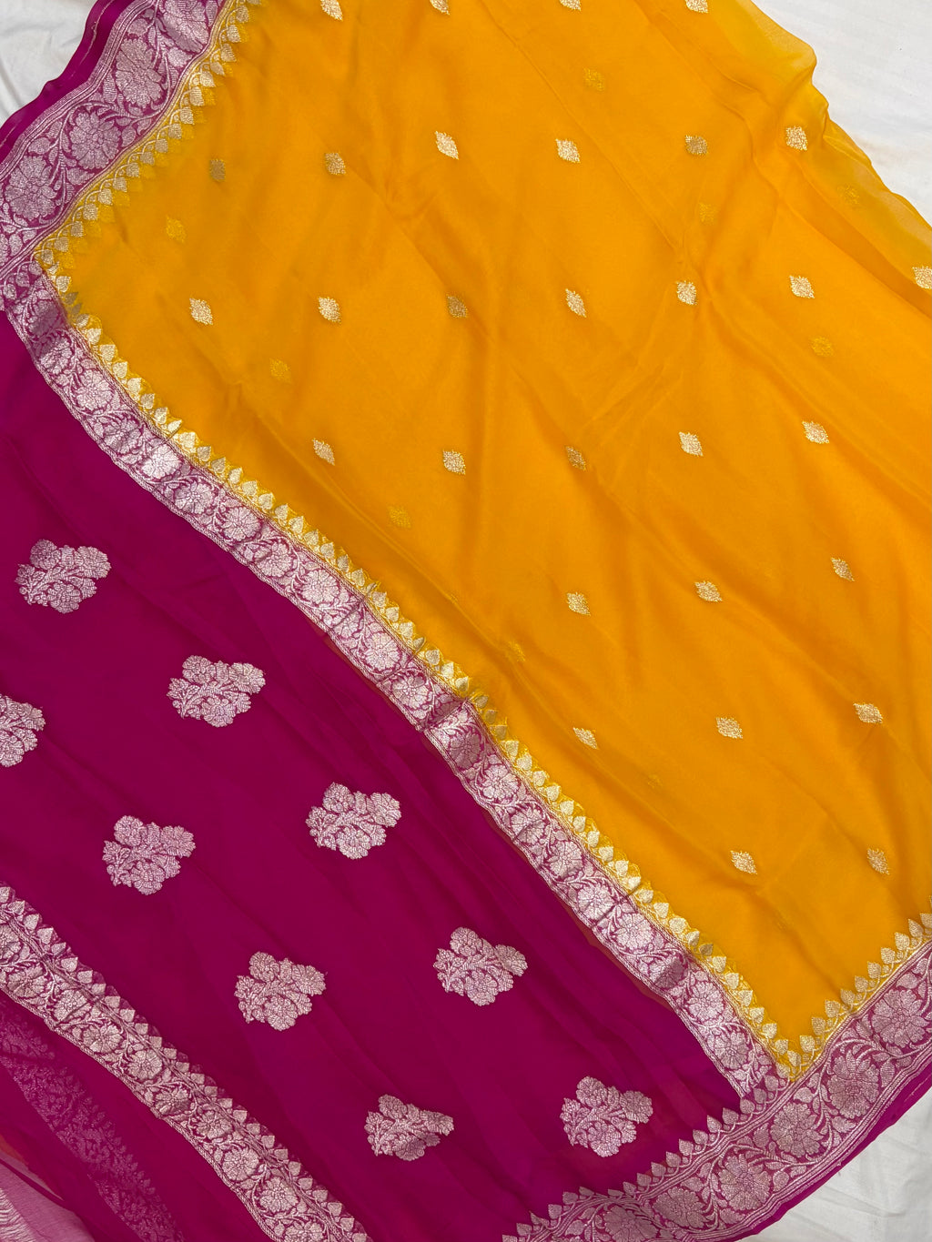 Pure khaddi chiffon saree in mustard with Rani colour
