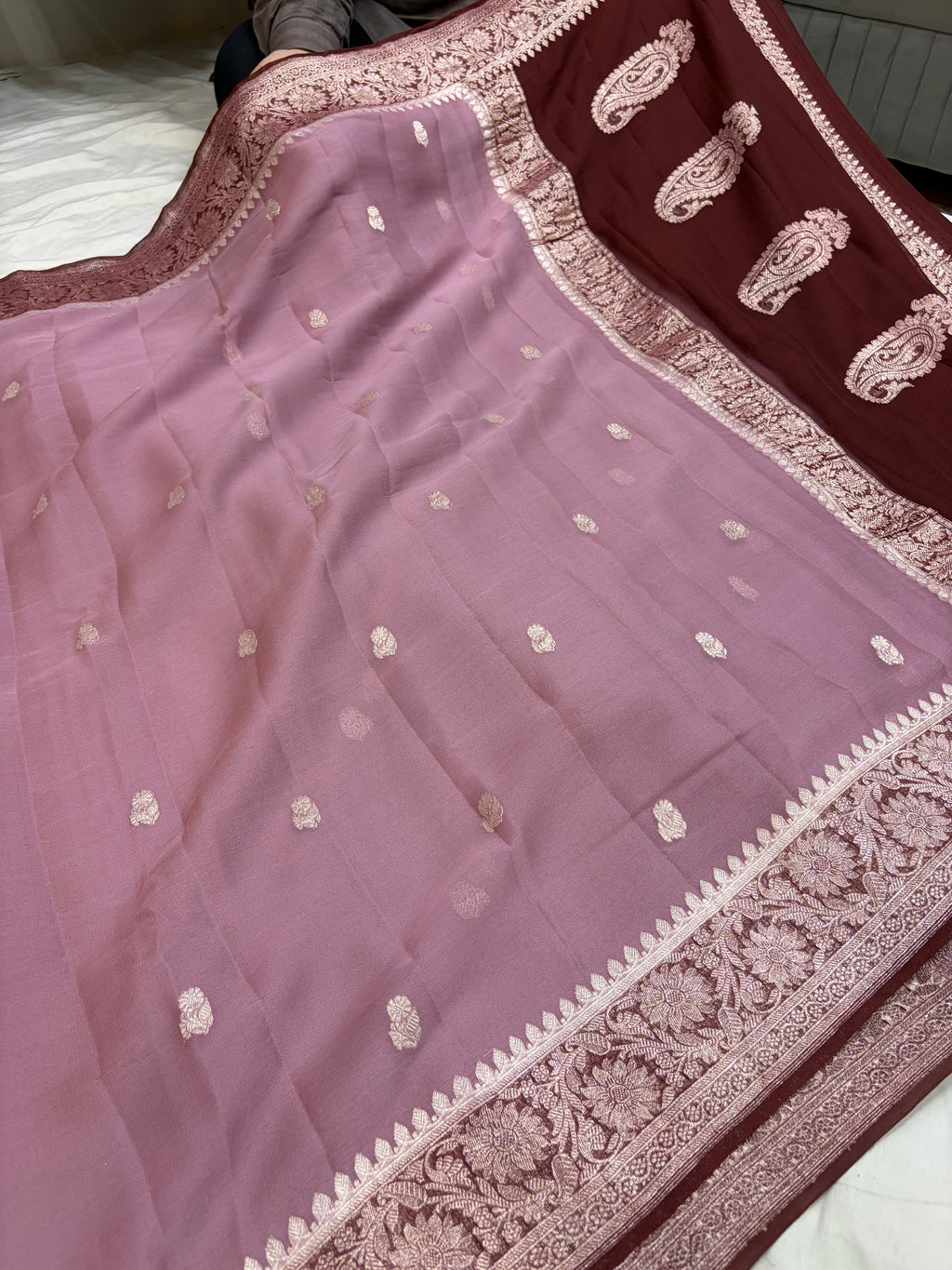 Pure khaddi chiffon saree in dark tea rose with chocolate brown colour