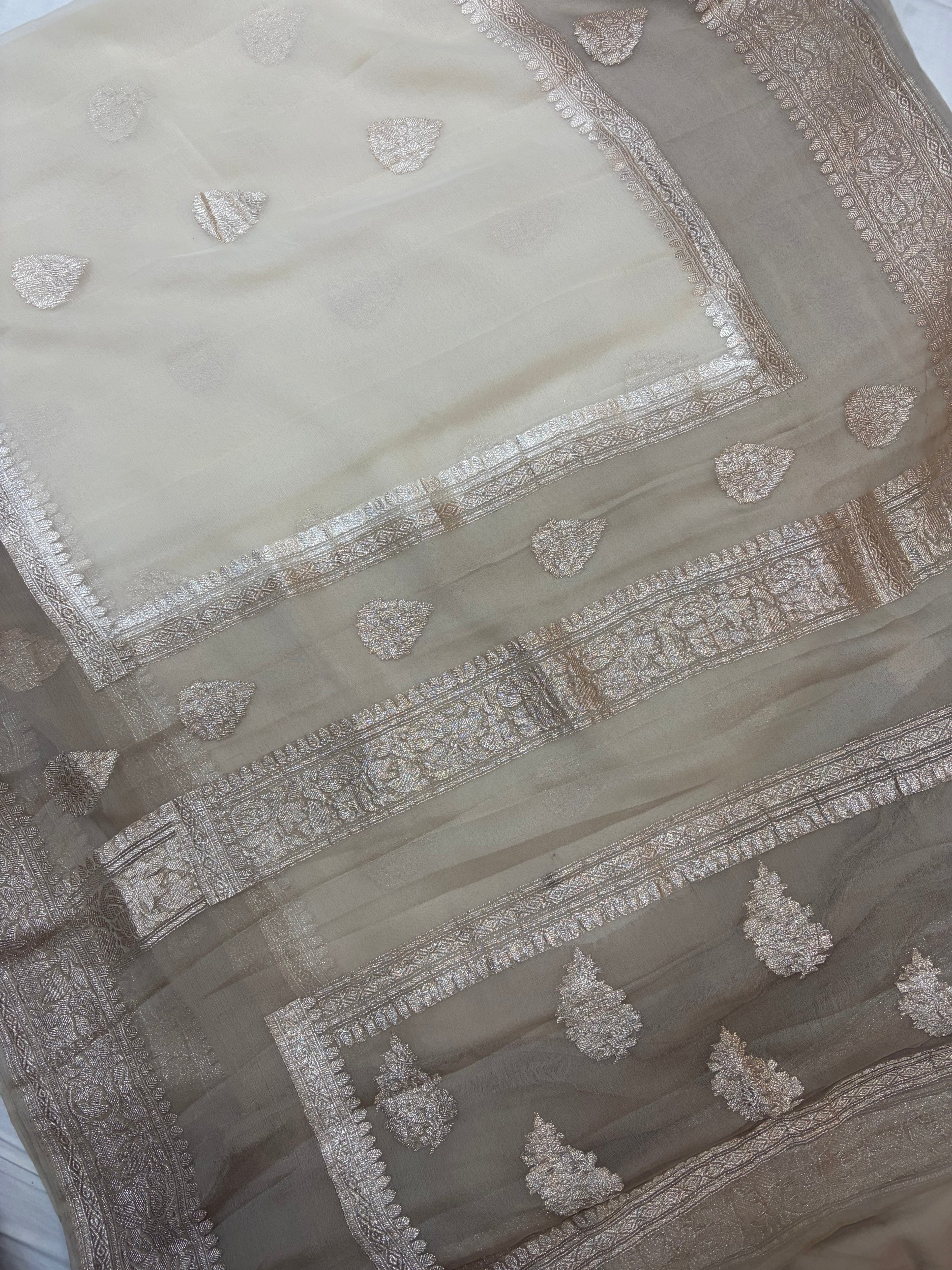 Pure khaddi chiffon double border saree in off white with grey colour