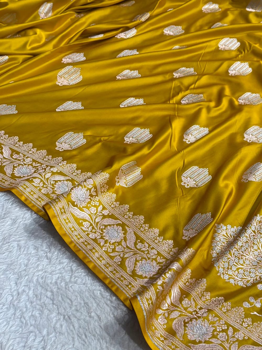 Beautiful Mashru silk saree in gold yellow colour