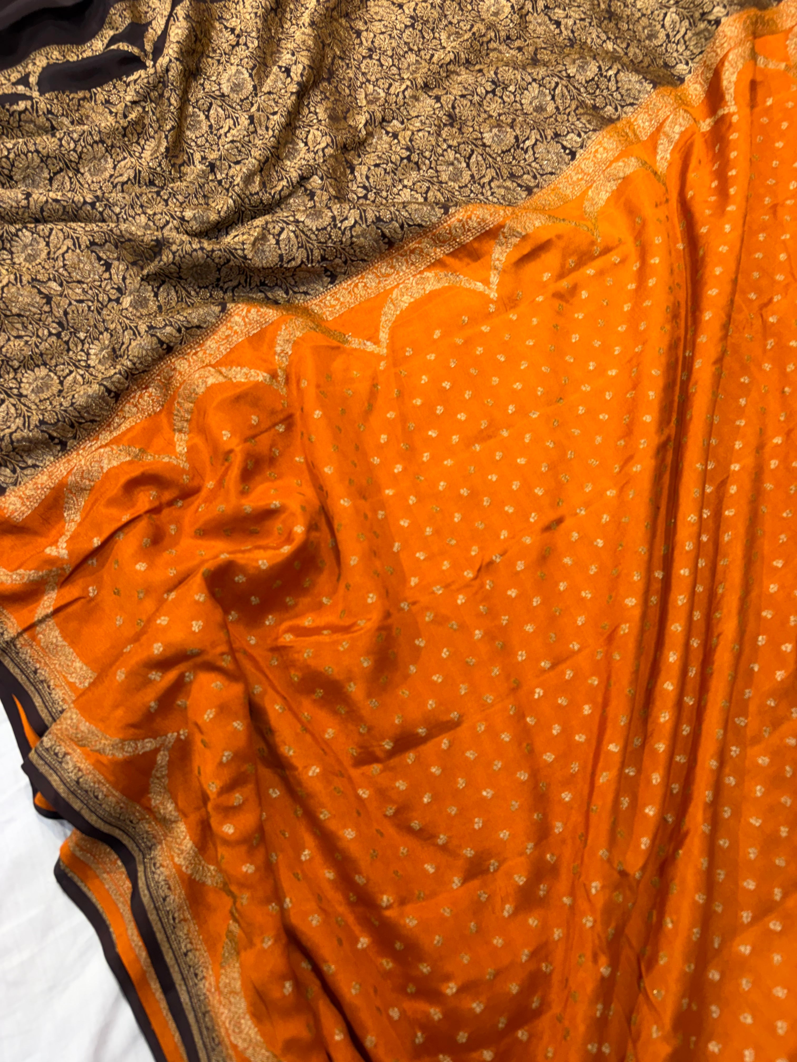 Pure khaddi crepe silk saree in rust orange with chocolate brown colour