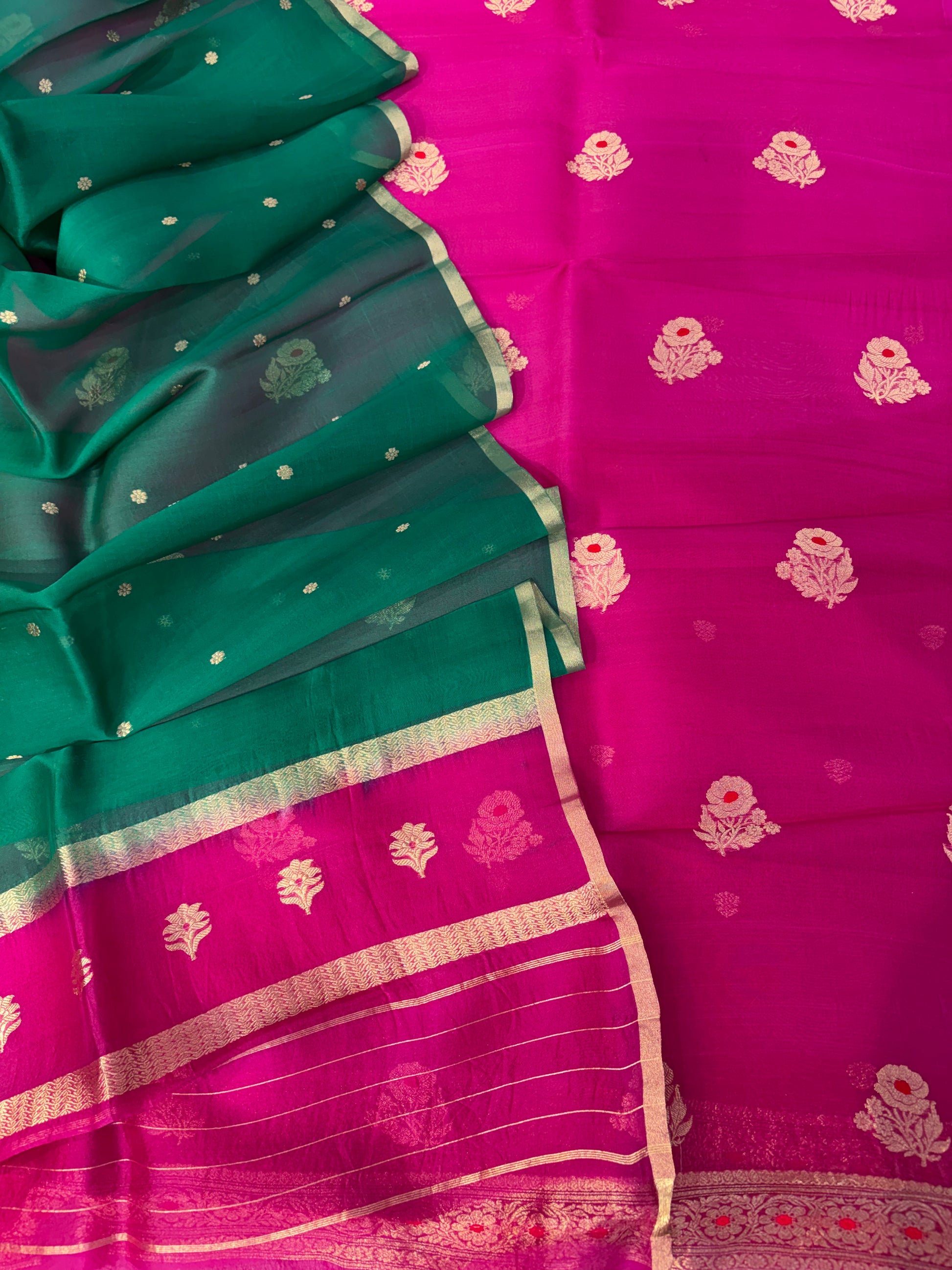 Pure Handloom Kora silk suit set in Rani with green colour with meenakari work