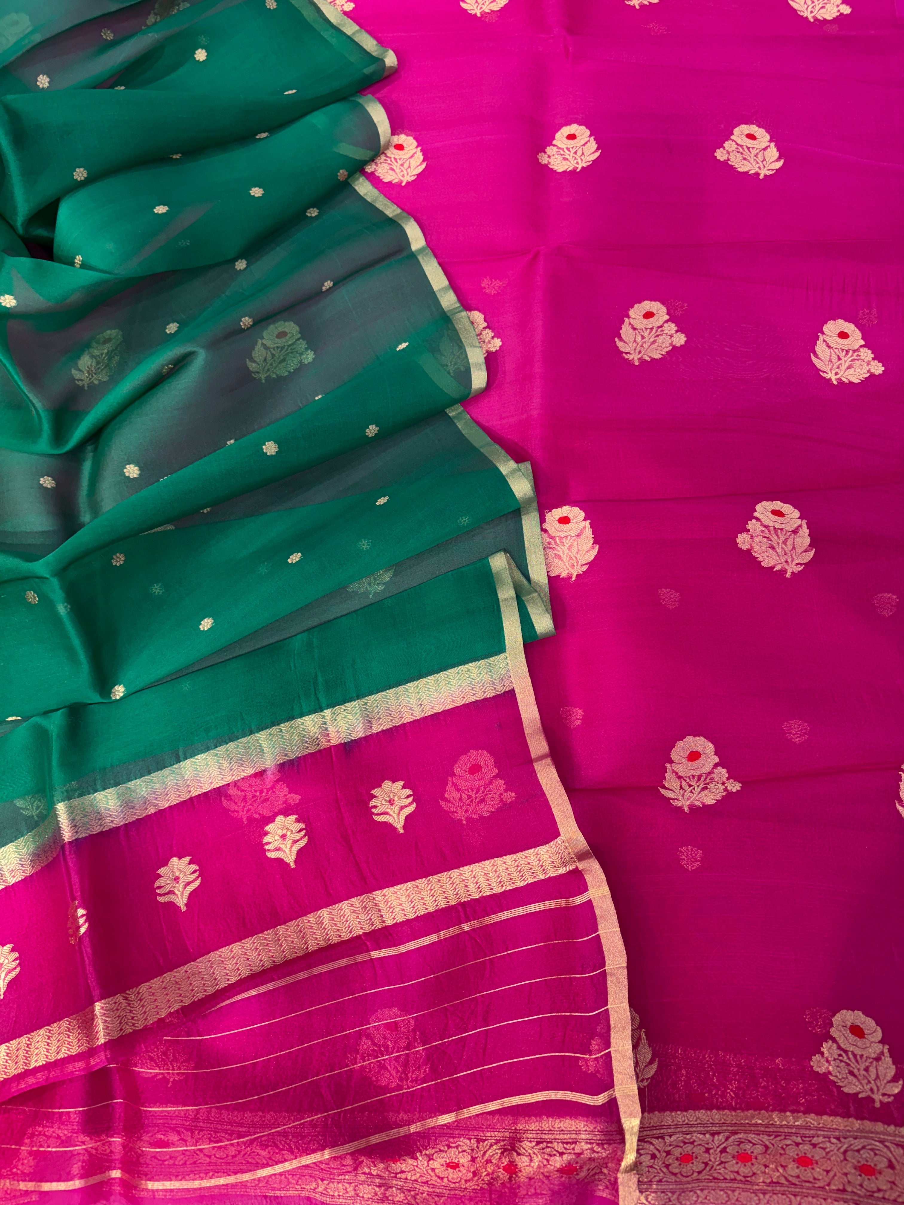 Pure Handloom Kora silk suit set in Rani with green colour with meenakari work