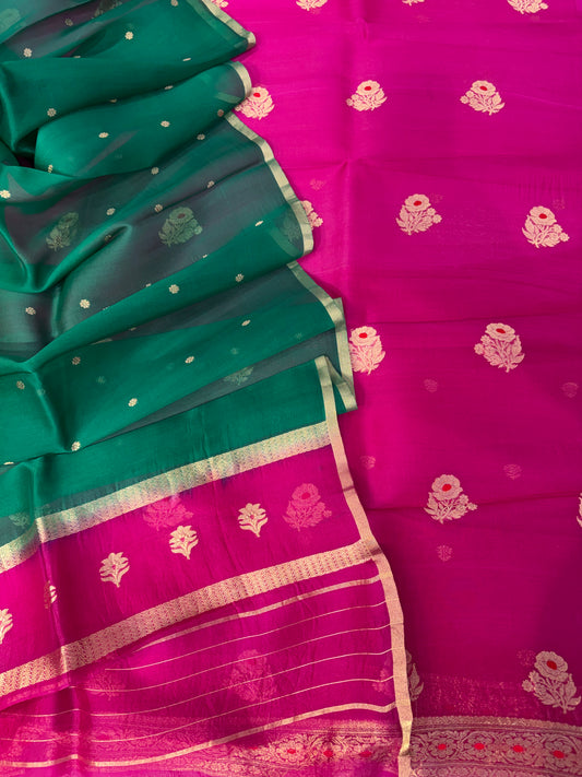 Pure Handloom Kora silk suit set in Rani with green colour with meenakari work