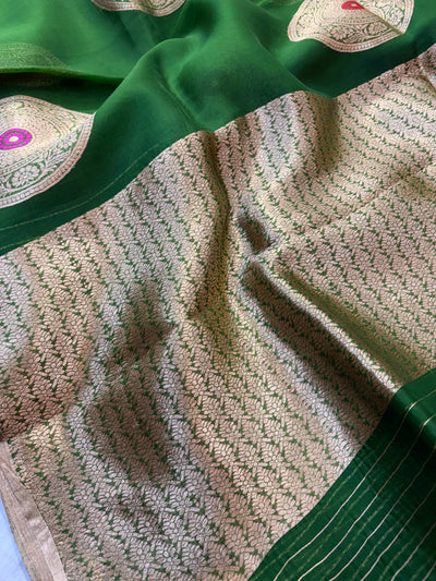 Pure handloom organza silk saree in green colour