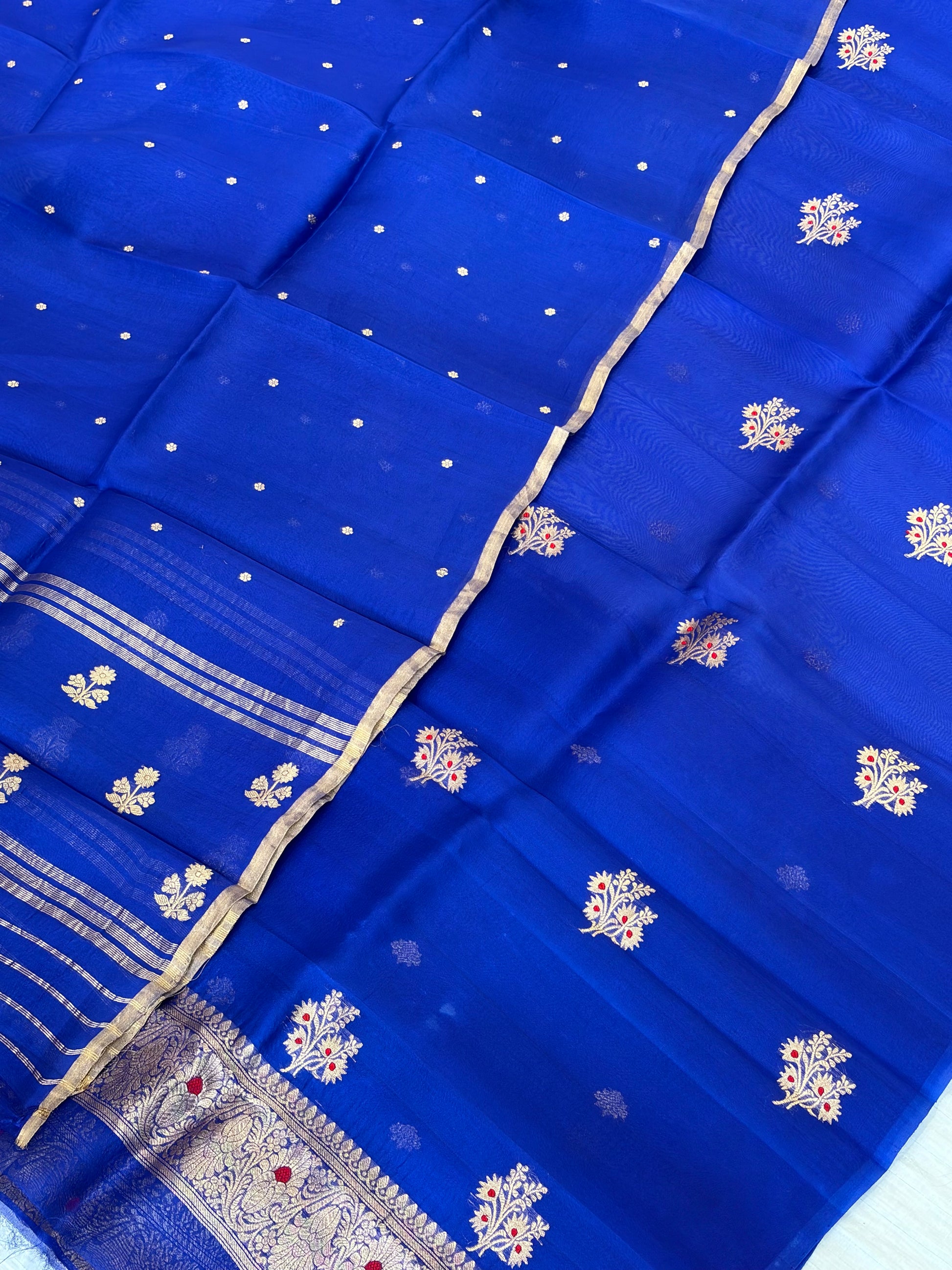 Pure Handloom Kora silk suit set in royal blue colour with meenakari work