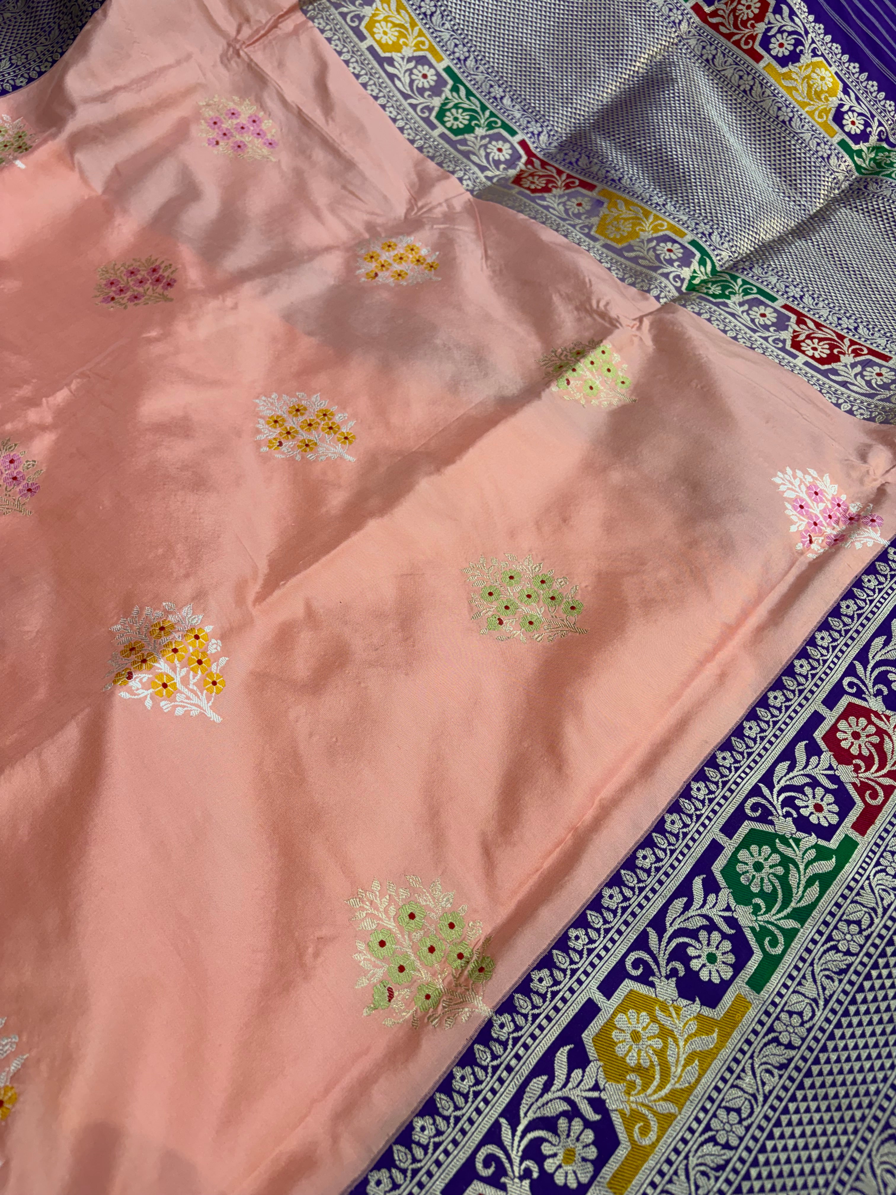 Premium pre katan silk saree with all meenawork in peach and royal purple colour