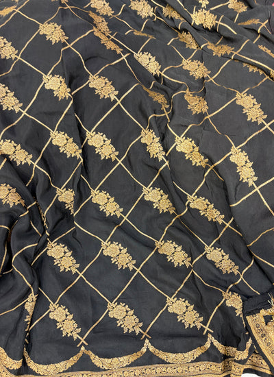 Pure khaddi crepe silk saree in red with black colour combination