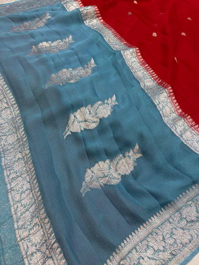Beautiful Pure khaddi chiffon saree in beautiful contrast colour