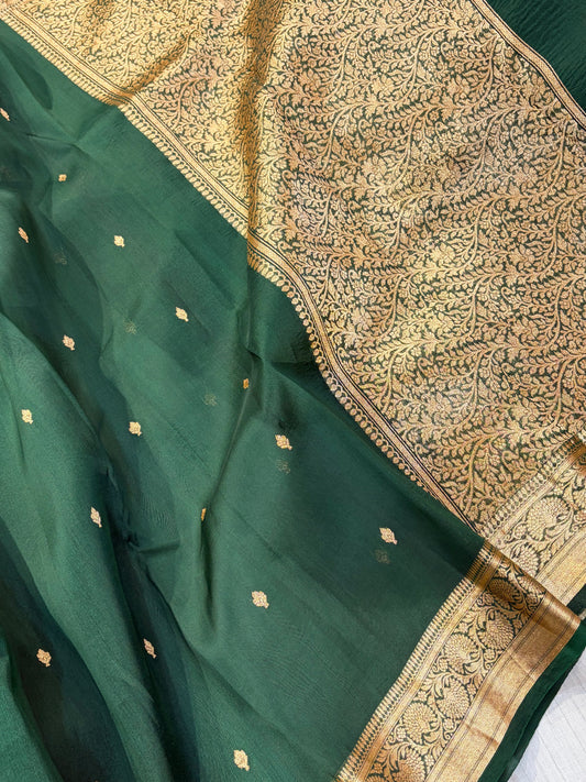 Pure handloom organza silk saree in bottle green colour