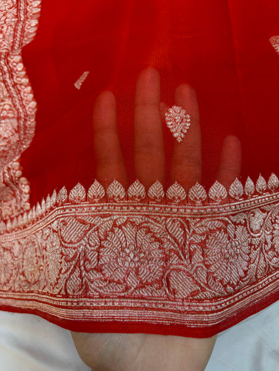 Pure khaddi chiffon saree in rust colour
