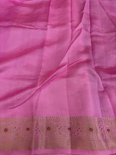 Pure raw mango saree in Rani with baby pink colour combination