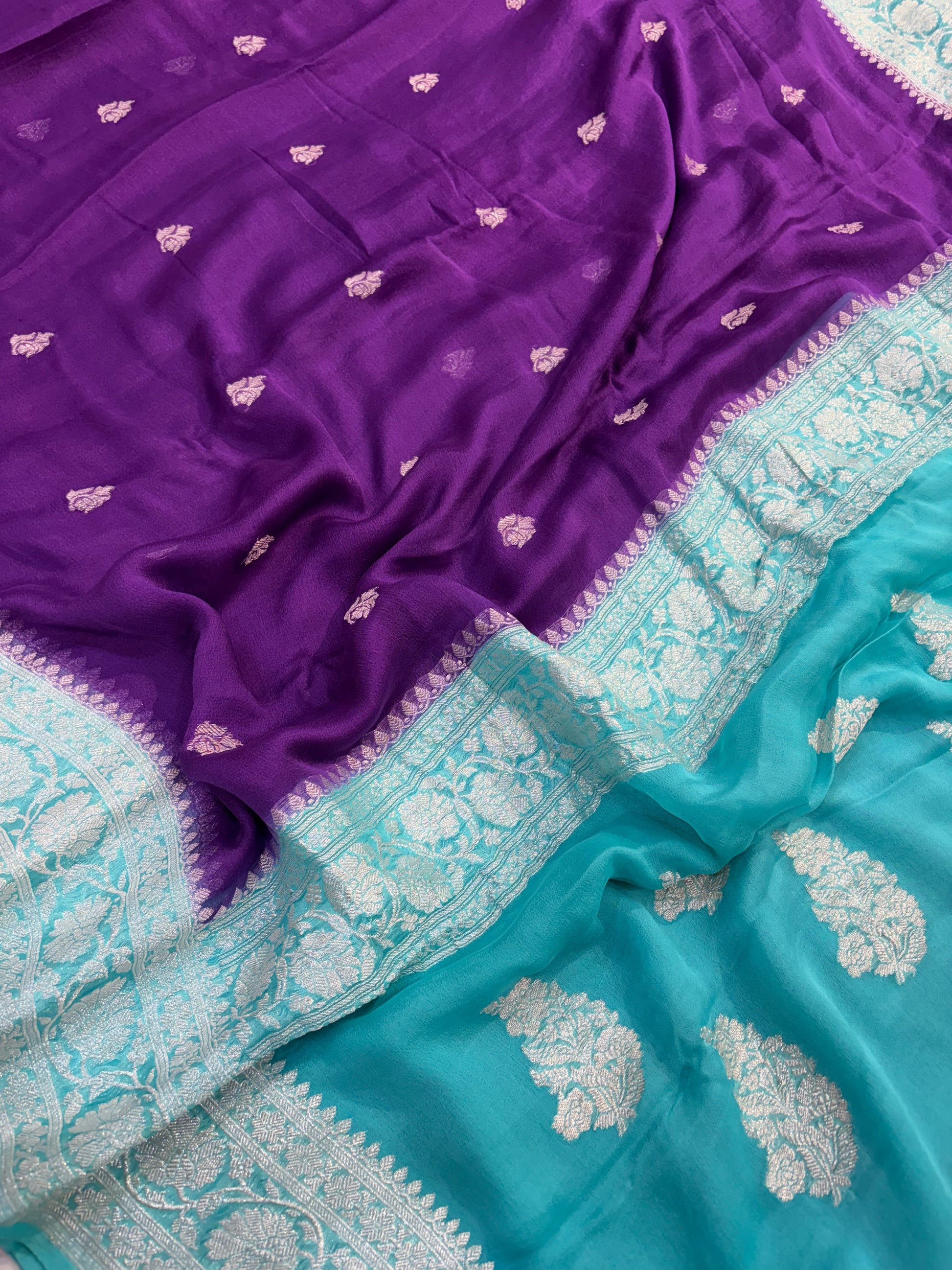 Pure khaddi chiffon saree in purple with ocean blue colour combination