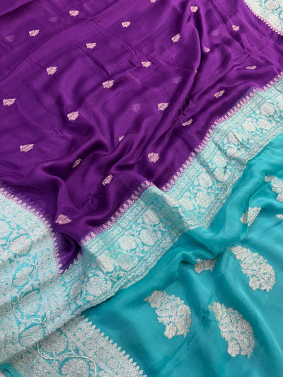 Pure khaddi chiffon saree in purple with ocean blue colour combination