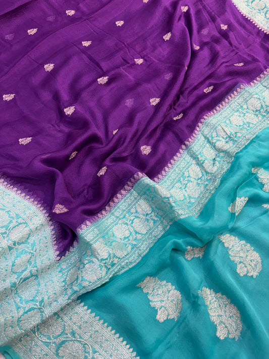 Pure khaddi chiffon saree in purple with ocean blue colour combination