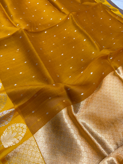 Pure handloom organza silk saree in dark yellow gold colour