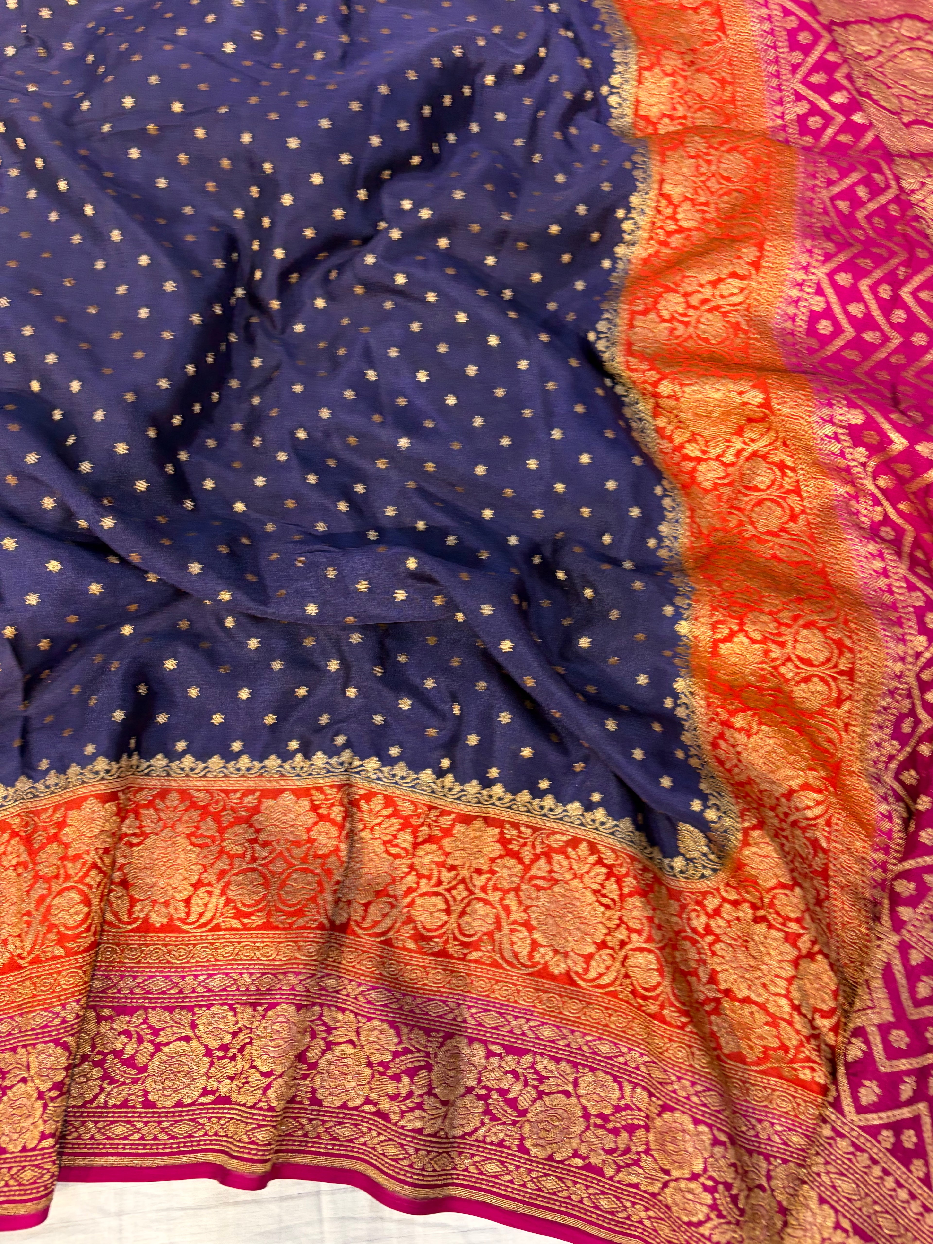 Pure khaddi crepe silk saree with 3D border in Navy blue orange & rani pink colour combination