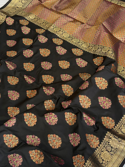Banarasi katan by katan silk saree in black colour with multiple meenakari work