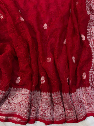 Pure khaddi chiffon saree in red colohr with all over chickenkari work