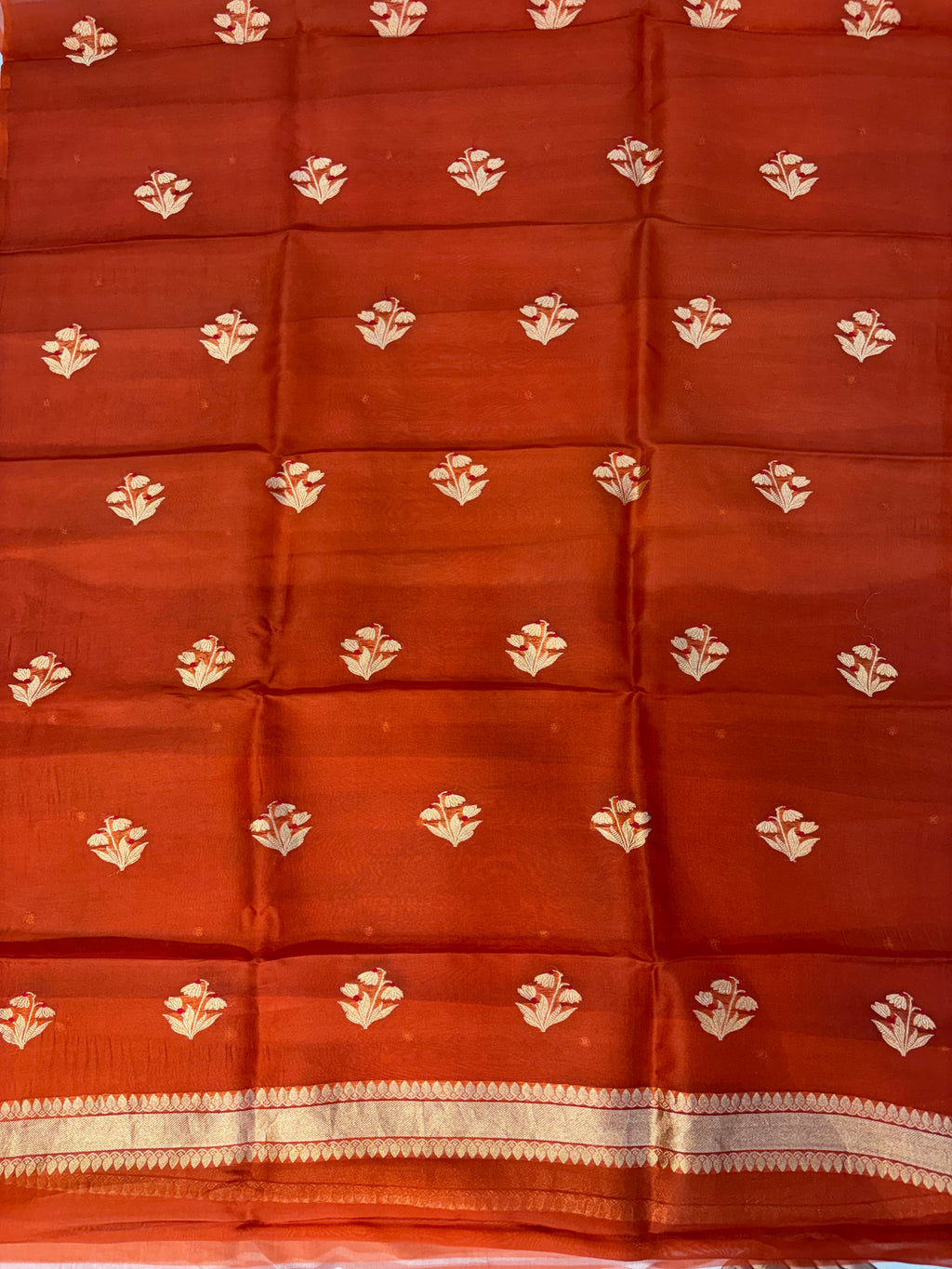 Pure Handloom Kora silk suit set in rust colour with meenakari work