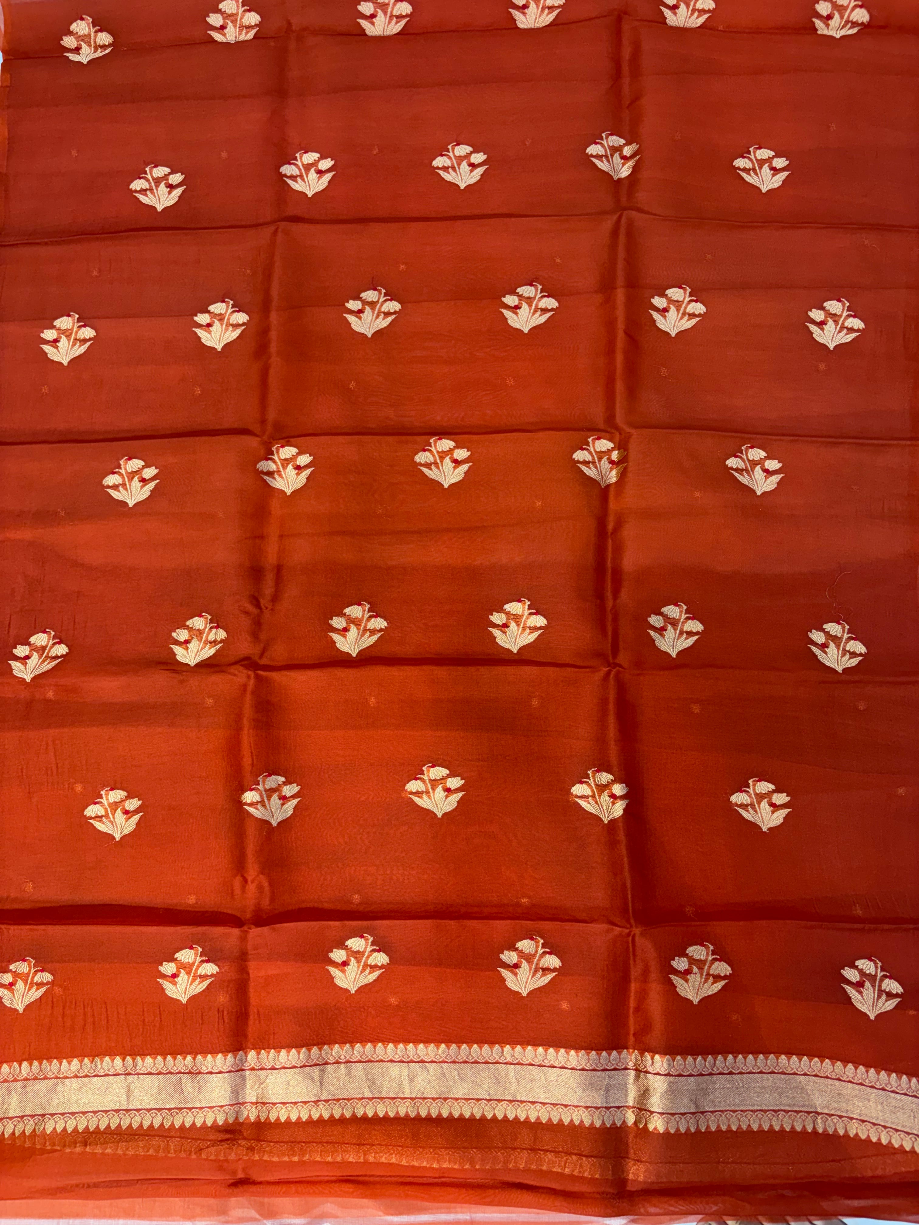 Pure Handloom Kora silk suit set in rust colour with meenakari work