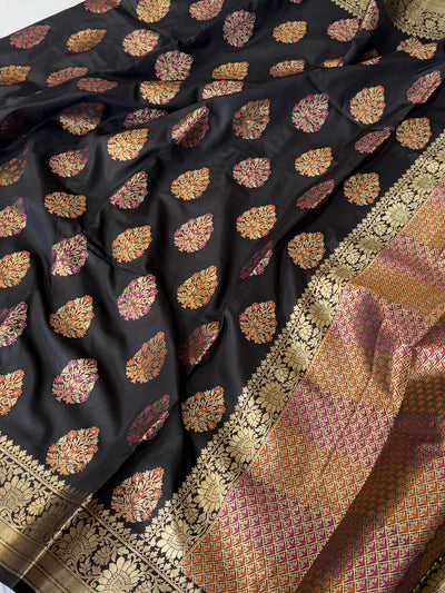 Banarasi katan by katan silk saree in black colour with multiple meenakari work