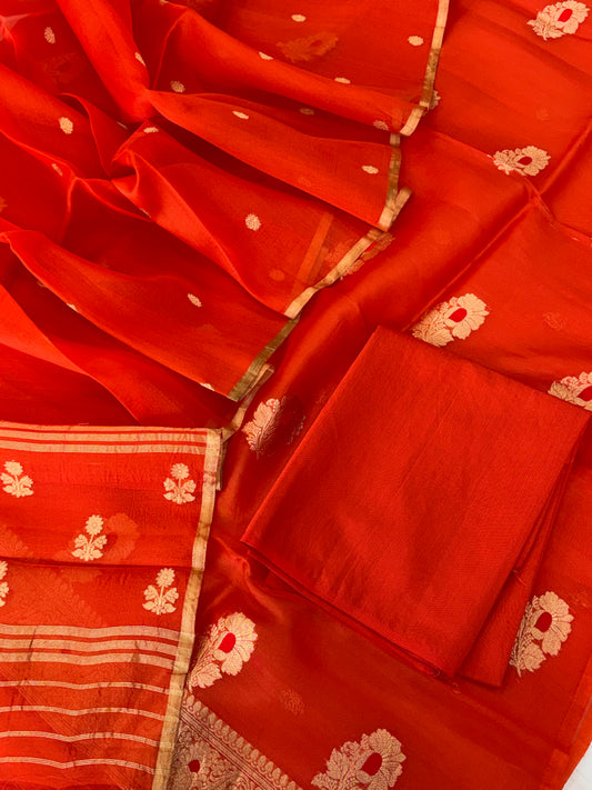 Pure Handloom Kora silk suit set in orange colour with meenakari work